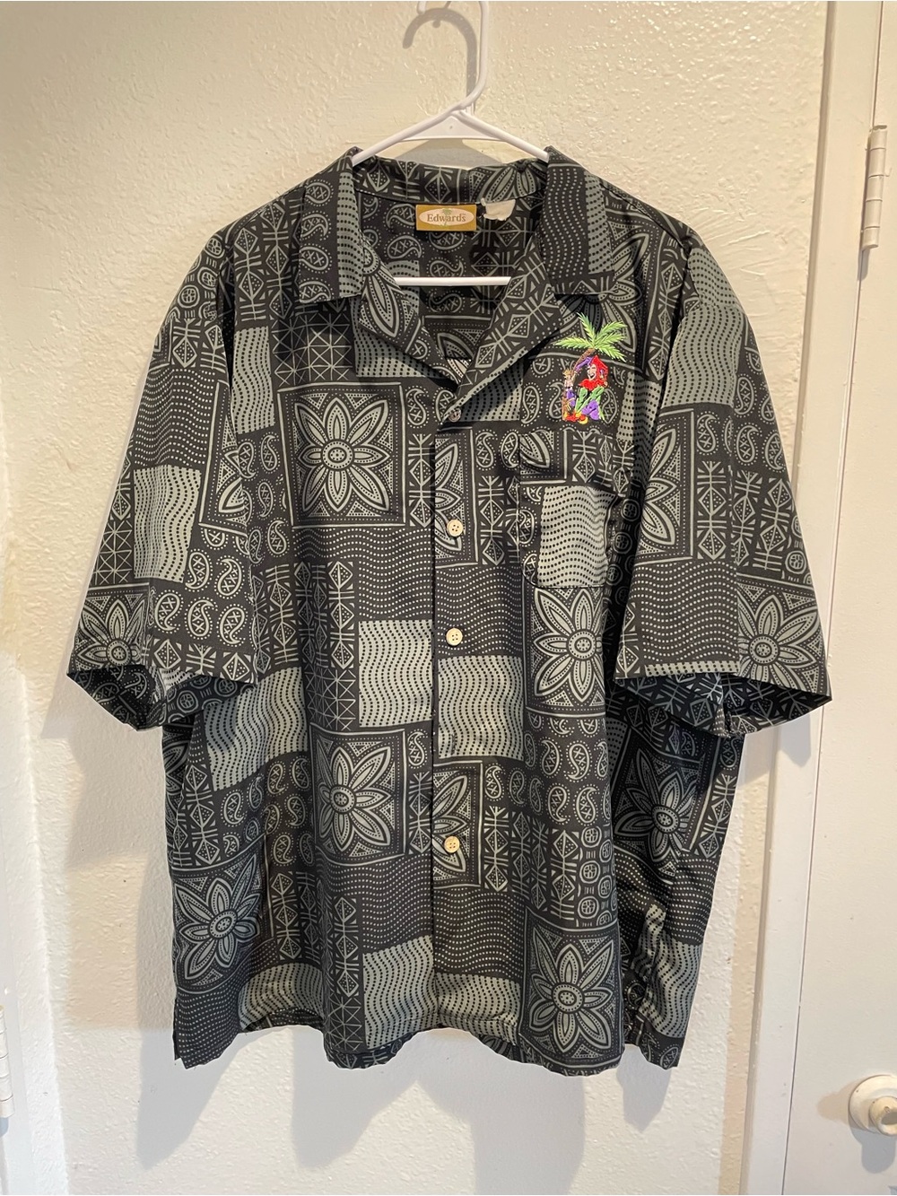Edwards South Seas Tribal Patchwork Camp Shirt 3XL Black Embroidered Palm Tree 🌴